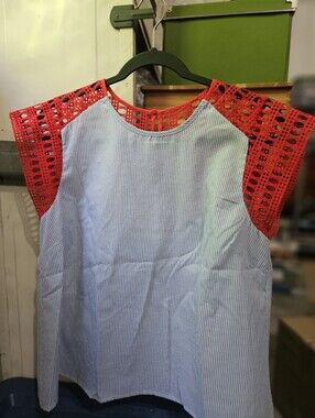 Maeve Blue Pinstripe Top with Red Crochet Sleeves